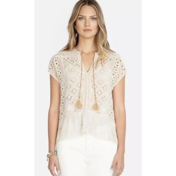 Johnny Was Boho Top Womens Large Ivory Eyelet Embroidered Tassel Festival Blouse - Picture 1 of 10